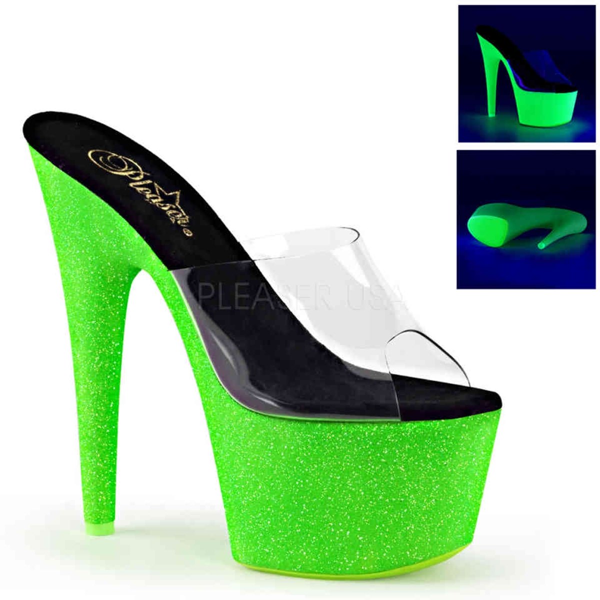 EU 38 = US 8 | ADORE-701UVG | *7 Heel, 2 3/4 PF Slide, Neon UV Reactive